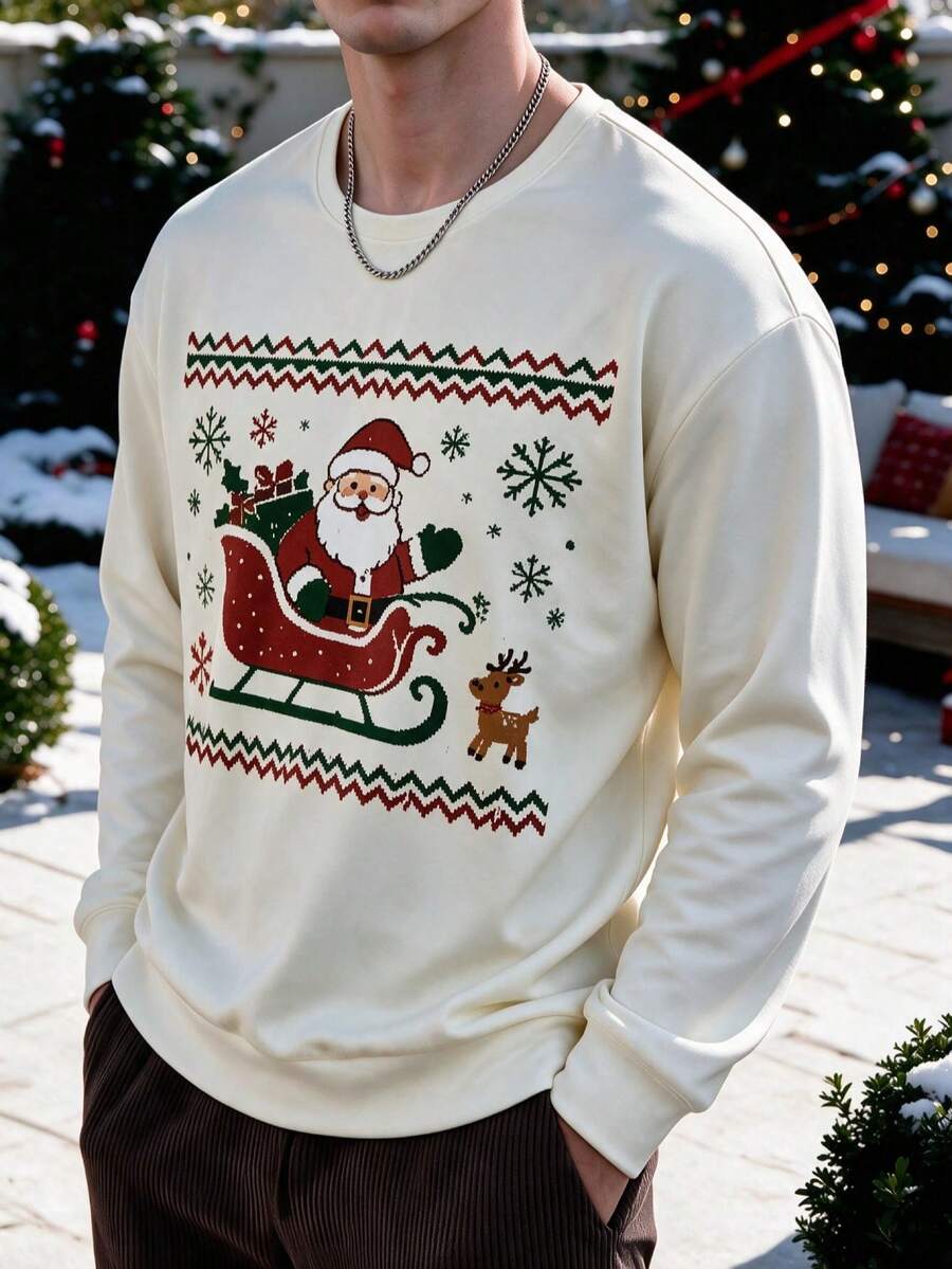 Men's Thick Christmas Crew Neck Sweatshirt, Santa Claus Sleigh Reindeer Snowflake Pattern Pullover, Vintage Style Casual Top - Multicolor - View 1