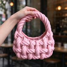 Pink Thick Rope Woven 3D Printed Storage Basket, Simulated Thick Yarn Woven Texture, Handbag Shape, Desktop Small Item Storage, Ins Style High-Value Soft Decor Ornament - Pink - View 7