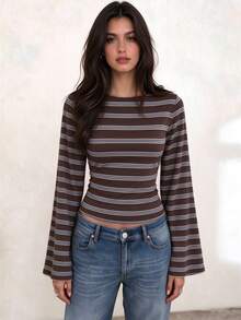 Striped Colorblock Ribbed Long Sleeve T-Shirt For Women, Casual Home Wear - Coffee Brown - View 4