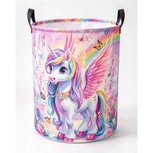1PC Collapsible Fabric Storage Basket With Magical Winged Unicorn Rainbow Castle Butterfly Floral Print, Multifunctional Organizer For Clothes, Sundries And Toys, Home Decor, Room Decor, Bedroom Decor - Pink - View 7