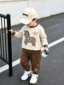 2pcs/Set Kids Plaid Maillard Colorblock Pony Patchwork Star Print Vintage Style Sweatshirt & Pants Set, Y2K Casual Children's Clothing Outfit - Brown - View 4
