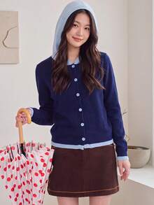 Women's Autumn Casual Minimalist 2 In 1 Design Hooded Cardigan Knit Sweater Jacket Fall - Navy Blue - View 1