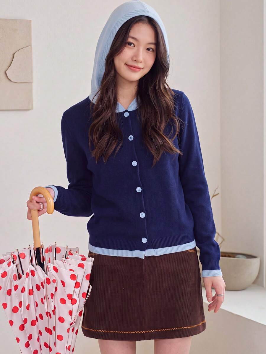 Women's Autumn Casual Minimalist 2 In 1 Design Hooded Cardigan Knit Sweater Jacket Fall - Navy Blue - View 1