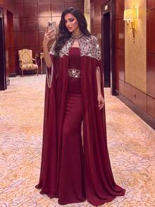 Elegant 2 Pieces Shawl And Dress Set, Rhinestone Embellished Neckline, Fitted Mermaid Silhouette, Suitable For Formal Evening Events, Photography, Red Carpet Occasions - Burgundy - View 1