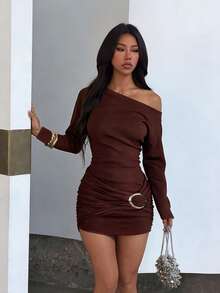 Women's Fall Elegant Burgundy Knit One Shoulder Y2K Mini Dress, For Date, Party, Birthday, Holiday, Wedding, Winter, Halloween, Christmas,Hoco - Burgundy - View 6