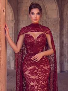 Faeriesty Women's Charming Strapless Mermaid Long Lace Formal Dress, Pearl Embellished Backless Design, Suitable For Prom And Evening Party - Burgundy - View 8