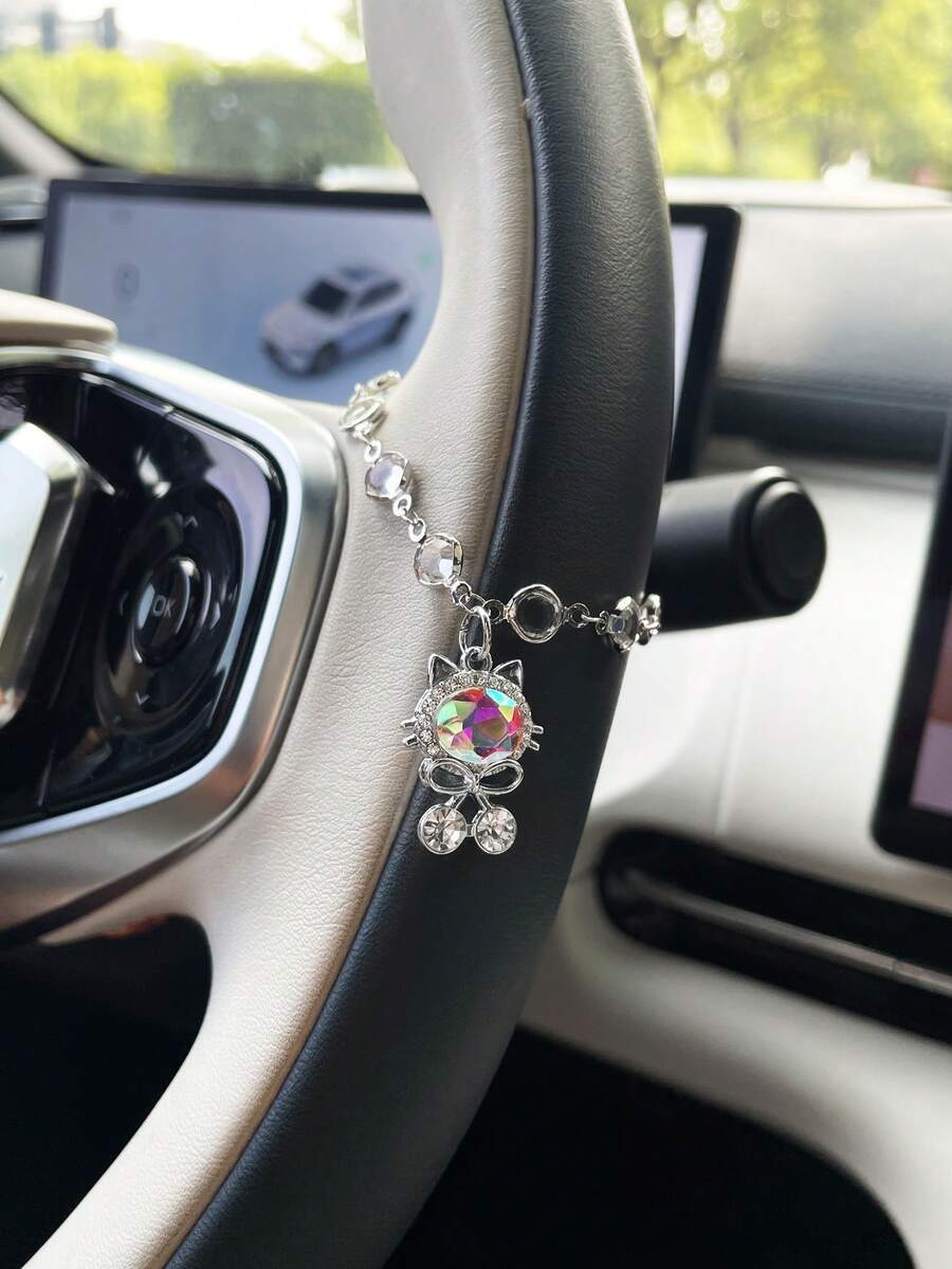Creative Silver Cute Cat Car Steering Wheel Decorative Chain, Personalized Car Interior Decoration Chain Pendant - A - View 1