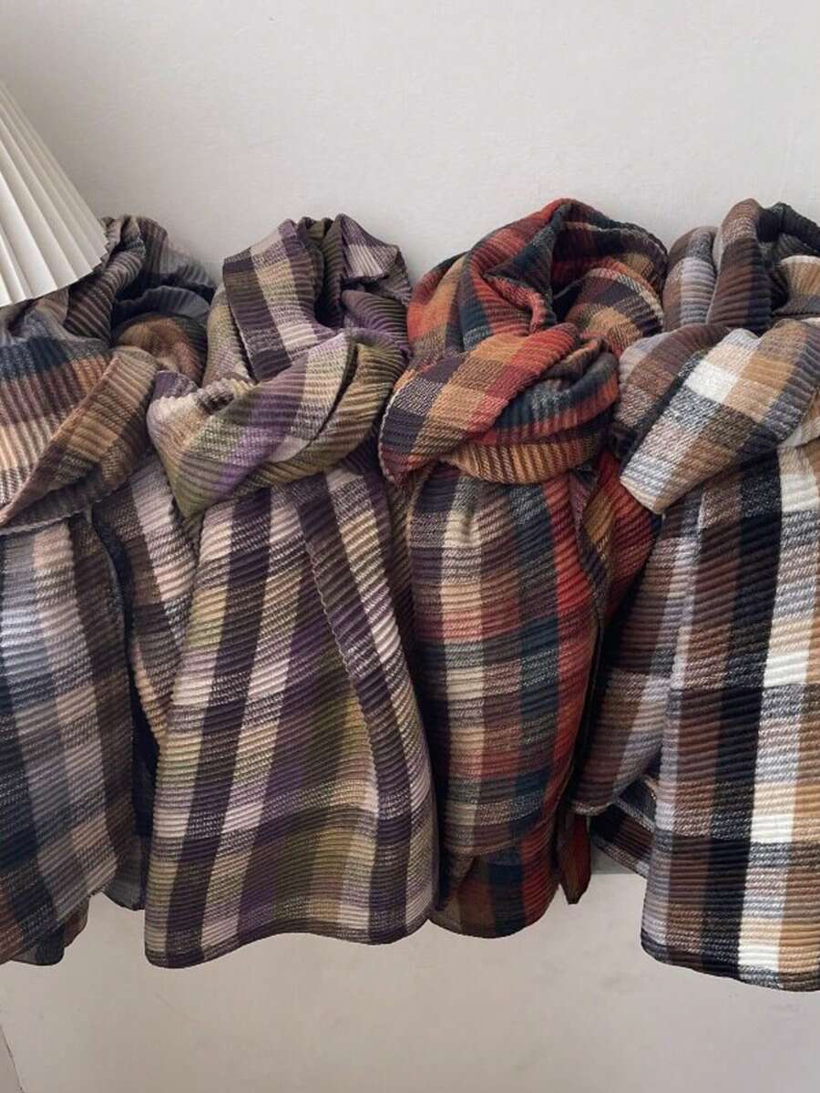 1PC Men's Fashion Linen Plaid Crinkled Scarf, Versatile Neck Warmer Suitable For Daily Casual Wear - Multicolor - View 1