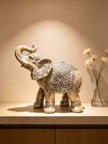 1pc Decorative Elephant Statue Ornament, Vintage Retro Style, Red Carved Pattern, Upward Trunk Design, Lucky Feng Shui Home Decor Sculpture Accessory, Suitable For Living Room, Bookshelf, Shelf, Desktop Decoration, Housewarming Gift - A - View 2
