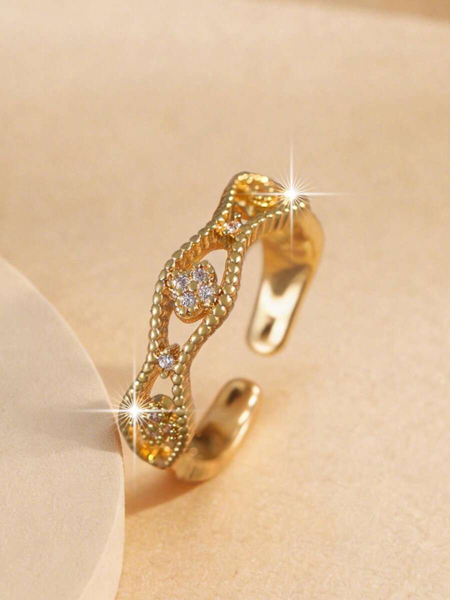 1pc Luxury Double Line Floral Cubic Zirconia Open Women's Ring, Fashion Exquisite Hollow Adjustable Ring For Party Wedding Daily Gift Accessories - Gold - View 1
