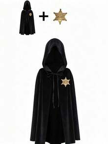 Soft Velvet Costume Prop, Hooded Cloak With Collar Badge. Multiple Colors Available. Long Draped Design. Medieval Wizard Costume. Adult Halloween Party Cosplay Outfit - Multicolor - View 11