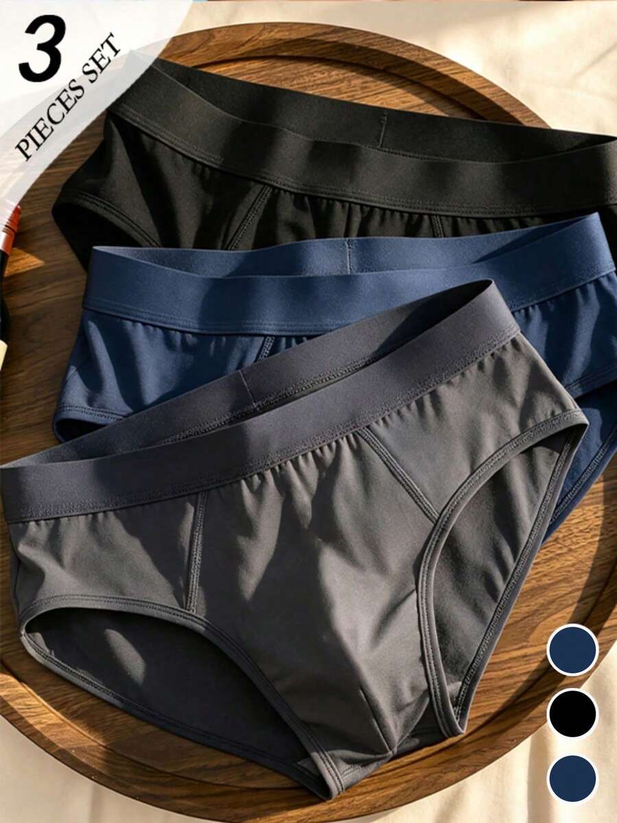 3pcs Solid Color Polyester Triangle Panties, Breathable High Elasticity Comfortable Triangle Underwear, Sports Shorts Underwear, Casual Underwear, Milk Silk Shorts Underwear - Multicolor - View 1