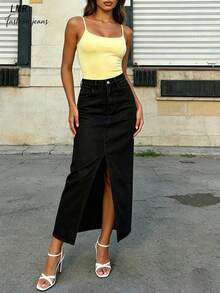 White High-Waisted Denim Skirt, Side Slit, Minimalist Commuter Casual Straight Skirt For Women Black - Black - View 4