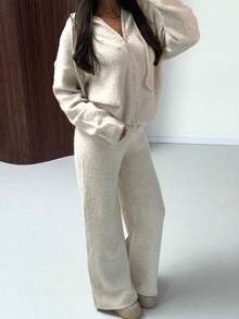 Women's Casual Comfortable Beige Wool Sweater Set, With Drawstring Double Zipper Hoodie And Wide Leg Pants, Essential For Home And Leisure In Autumn/Winter - Apricot - View 1