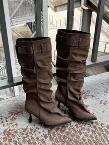 New Ruched Tall Stacked Boots Pointed Toe Over-The-Knee High Boots Vintage Wide Shaft Riding Boots - Coffee Brown - View 5