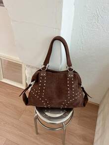 1pc Maillard Brown Suede Rivet Soft Bag, Round Ring Connection Design, 3D Rivet Arrangement, Soft Slouchy Oversized Bag Shape, Vintage American Style, Large Capacity For Daily Use, Personalized Handheld Crossbody Women's Bag - Coffee - View 8