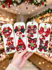 5pcs/Pack New Christmas Bow Hair Clips, Fully Covered Fabric Hair Clips, Deer & Snowflake Alligator Hair Clip Set, Christmas Essential - Multicolor - View 4