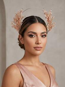 1pc Rhinestone Leaf Halo Crown Golden Goddess Headband Bridal Wedding Prom Hair Accessory - Gold - View 3