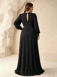 Pearl Flower Beaded Elegant Chiffon Evening Gown Long Dress V-Neck Lantern Long Sleeve Ruched Chest High Waist A-Line Plus Size Formal Party Wedding Guest All Season Dress - Black - View 6