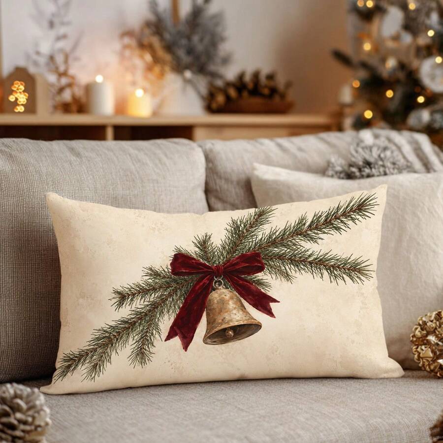1pc Christmas Winter Vintage Pine Branch & Bells Pattern Cushion Cover ...