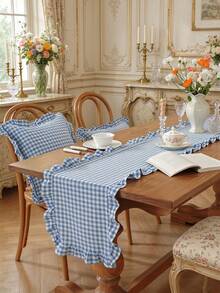 1/20PCS French Style Plaid Vintage Ruffle Edge Table Runner, Suitable For Living Room, Dining Room, Holiday Party, Family Gathering, Wedding Banquet, Birthday Table Decoration, Washable - Blue - View 3