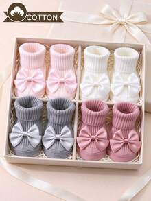 4 Pairs Baby Girls' Cotton Bowknot Decor Non-Slip Mid-Calf Socks, Suitable For Toddlers Indoor Wear On Floors, All Seasons - Multicolor - View 2