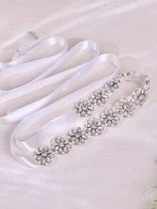 1pc Minimalist Rhinestone Flower Wedding Belt, Handmade Bridal Waistband, Women's Fashion Accessory Suitable For Party, Banquet Dress - Original White - View 6