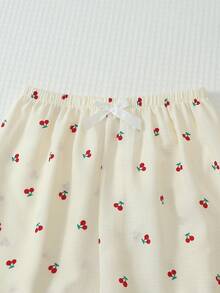 2pcs/Set Spring/Summer Cherry Print Lace Trim Short Sleeve Collared Top And Bow Long Pants Women's Pajama Set Loungewear - Apricot - View 6