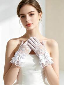 1 Pair New White Lace Bow Rhinestone Short Gloves, Bridal Wedding Ceremony Gloves, Lolita Ruffle Gloves - Lace Trim - View 5