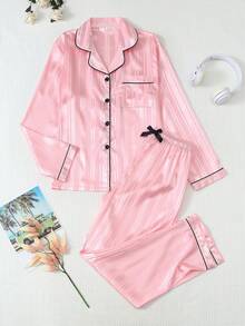2pcs Satin Striped Pajama Set, Sweet & Cute Lapel Button Long Sleeve Top And Pants, Women's Sleepwear And Loungewear For Home Use - Pink - View 3