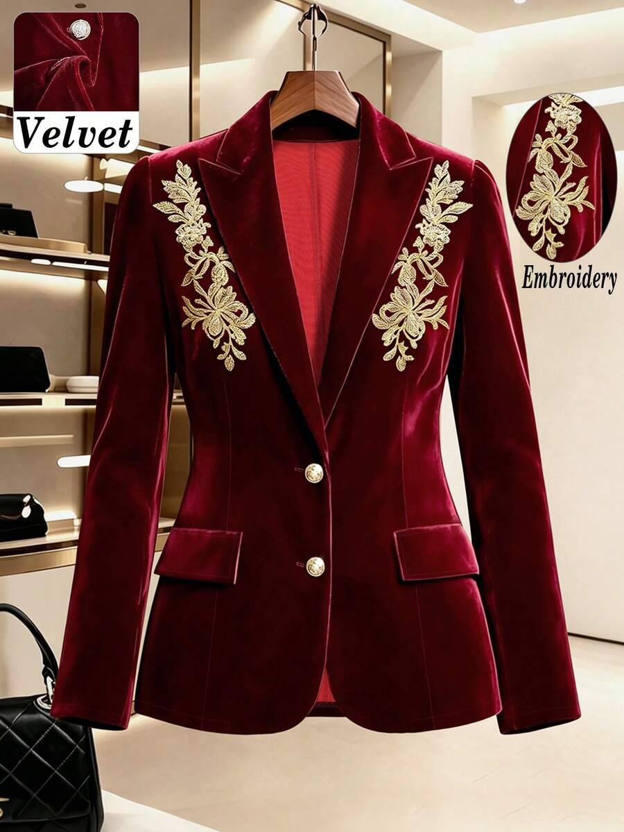 Women's Autumn/Winter Elegant Commute Holiday High-Quality Composite Velvet Fabric Single-Breasted Gold Thread Embroidered Fitted Long Sleeve Blazer - Burgundy - View 1