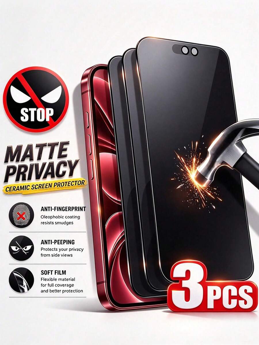 Mr. War Gorilla 3pcs Anti-Peeping Soft Film [Ceramic Soft Film][Matte Texture][Significant Anti-Peeping Effect][Suitable For 2026 Models]Only Maintains Side Anti-Peeping, Full Coverage Soft Film With No Lifting Edges, Bubble-Free Installation, Easy For Beginners To Install. Matte Surface Resistant To Water Stains And Fingerprints, Open Design Without Obstruction, Strong Adhesion And Not Easy To Fall Off. Compatible With IPhone Duo/18promax/18pro/18/17e/17 Pro Max/17 Pro/17Air/17/16 Pro Max/16 Pro/16 Plus/16/15 Pro Max/15/14/13/12 And Other Models.