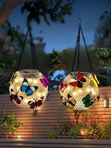 Glass Solar Hanging Light, Colorful Butterfly Decorative Lamp, Waterproof Auto On/Off LED Fairy Light, Outdoor Patio Garden Porch Hanging Decor, Christmas Halloween Party Yard Landscape Decoration - Round - View 4