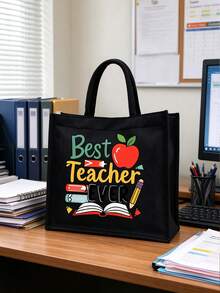 Teacher Theme Black Linen Tote Bag Set, Includes Large Tote Bag + Small Coin Purse, Printed With Best Teacher Ever Apple Design, Large Capacity Durable Canvas Material, Perfect Gift For Teacher's Day, Suitable For Students To Purchase And Give To Teachers, Daily Commute, Lesson Planning, Book And Stationery Storage - Multicolor - View 14