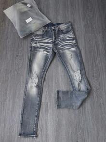 Mud Yellow Vintage Distressed Denim Jeans, Street Style Ripped Straight Leg Jeans, American High Street Cat Whisker Pattern Denim Pants, Patchwork All-Season Wearable Men's Jeans - Blue - View 4