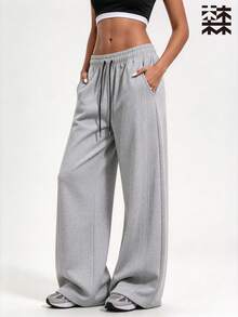 mulinsen Women's Sports Straight Leg Joggers, Elastic Drawstring Waist, Side Seam Stitching, Loose Fit, Side Pockets, Suitable For Fitness, Daily, Streetwear, Outdoor Wear - Light Grey - View 11
