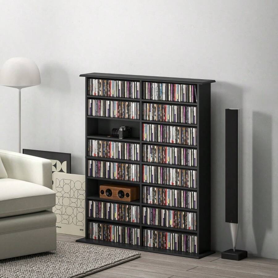 16-Compartment Media Shelf - Black - Black + Engineered Wood - View 1