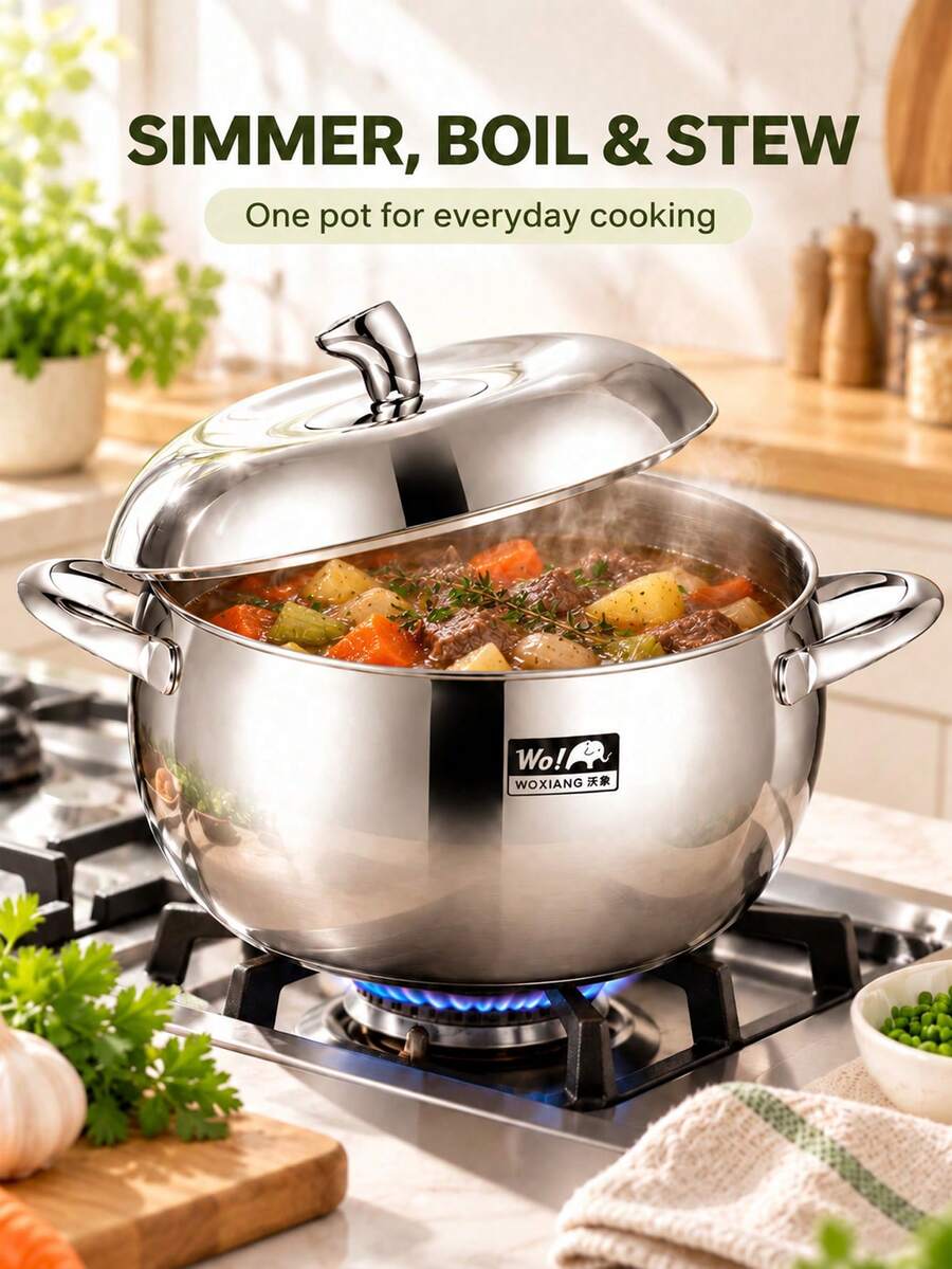 304 Stainless Steel 3-Ply Composite 20cm Apple Stew Pot, Multi-Functional For Heating Milk, Cooking Porridge, Soup, Frying, Christmas Home Kitchen Pot With Lid - View 1