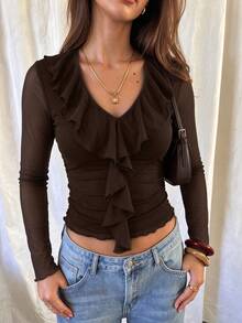Sexy Deep V-Neck Ruffle Design Sheer Mesh Fitted Women's Top, Autumn/Winter New Style, Fashionable And Versatile - Brown - View 4