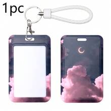 1pc ID Card Badge Holder Key Chain With Metal Keyring, Plastic Slide Open With ID Window For Women Men Girls Students, Cloud & Moon Pattern, Christmas - A - View 12