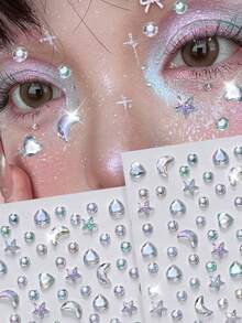 2 Sheets Self-Adhesive Face Gems Stickers, Moon Star Heart Crystal Diamond Eye Face Jewels Stickers 3D Shiny Body Rhinestone Decor For Festival, Rave, Party Cosplay - Multicolor - View 4
