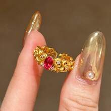 French Vintage Hollow Carved 18K Gold Plated Red Oval Zirconia Inlaid Open Ring For Women - Red - View 2