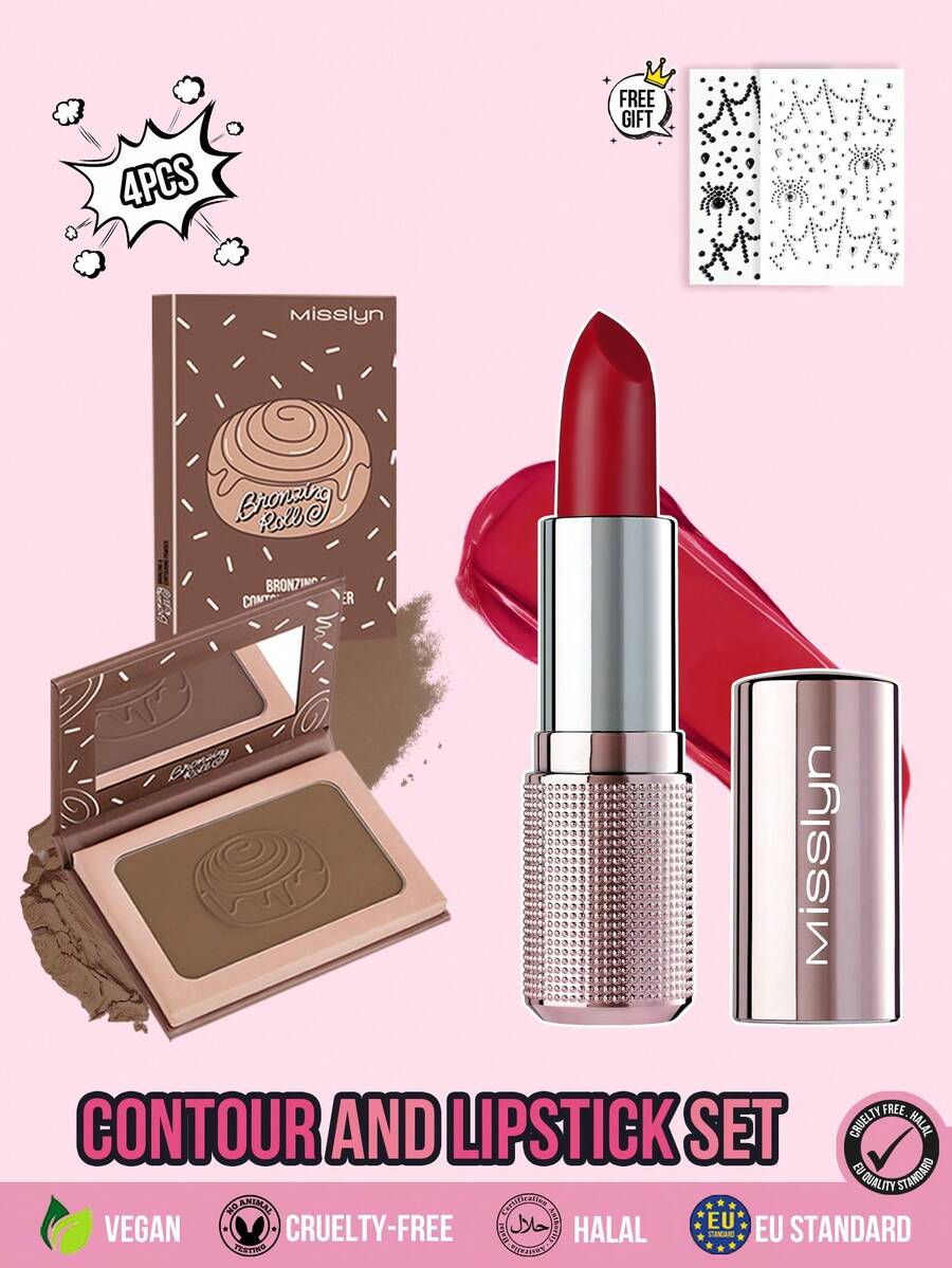 MISSLYN 2pcs Cream Color Lipstick + Contouring Roller Powder + Halloween Sticker Set, Cream Satin Lip Gloss, Smooth Blendable Contouring Powder, Face And Lip Makeup Set, Daily/Party/Y2K, Soft Makeup/Natural Glow/Matte, Halloween Makeup - #158+#1 - View 1