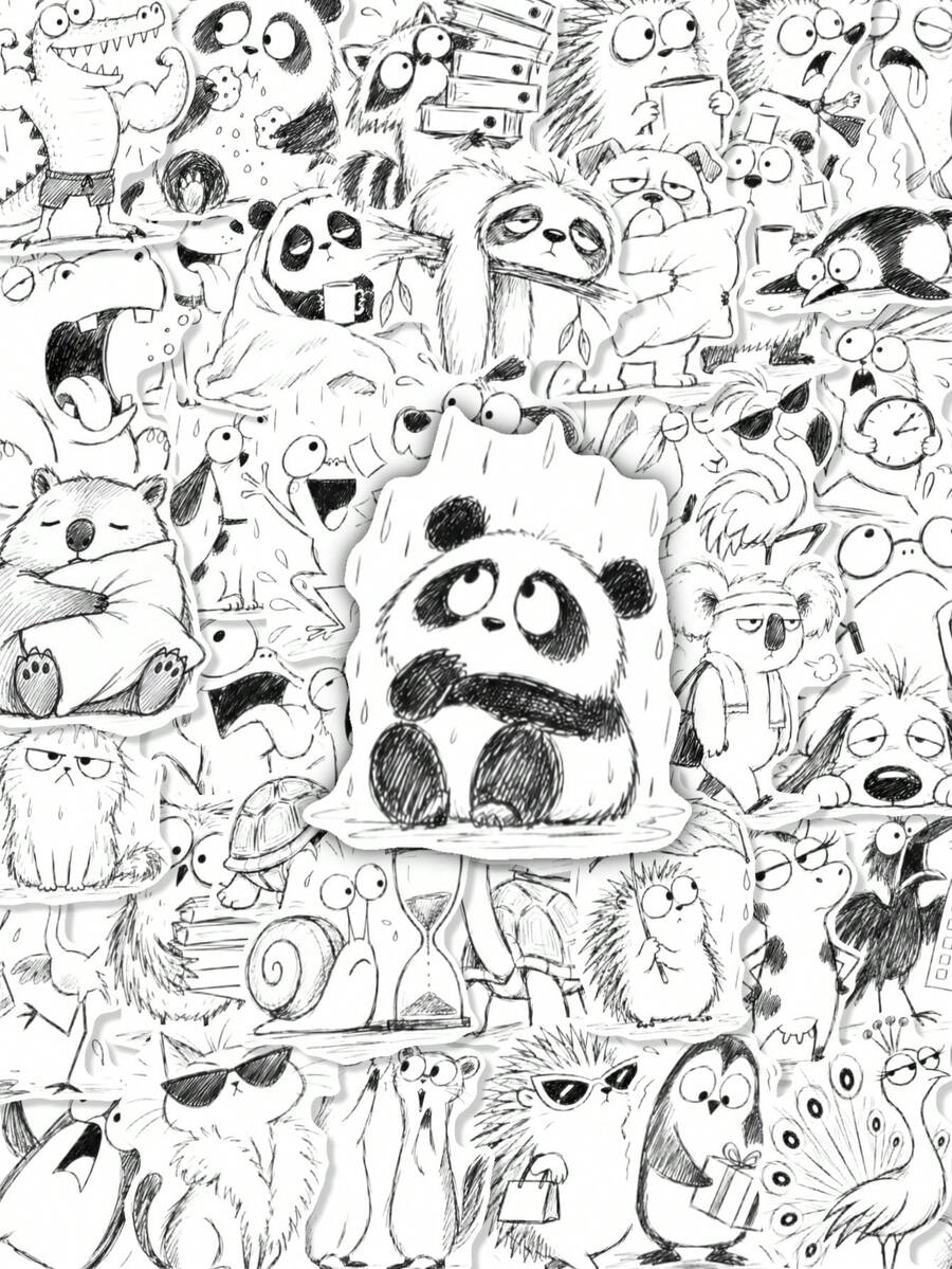50Pcs Black Sketch Funny Animal Sticker Pack, Hand‑Drawn Line‑Doodle Whimsical Moody Grumpy Cat Owl Panda Waterproof Vinyl Decals For Laptop Water Bottle Journal Scrapbook DIY Decor - Multicolor - View 1