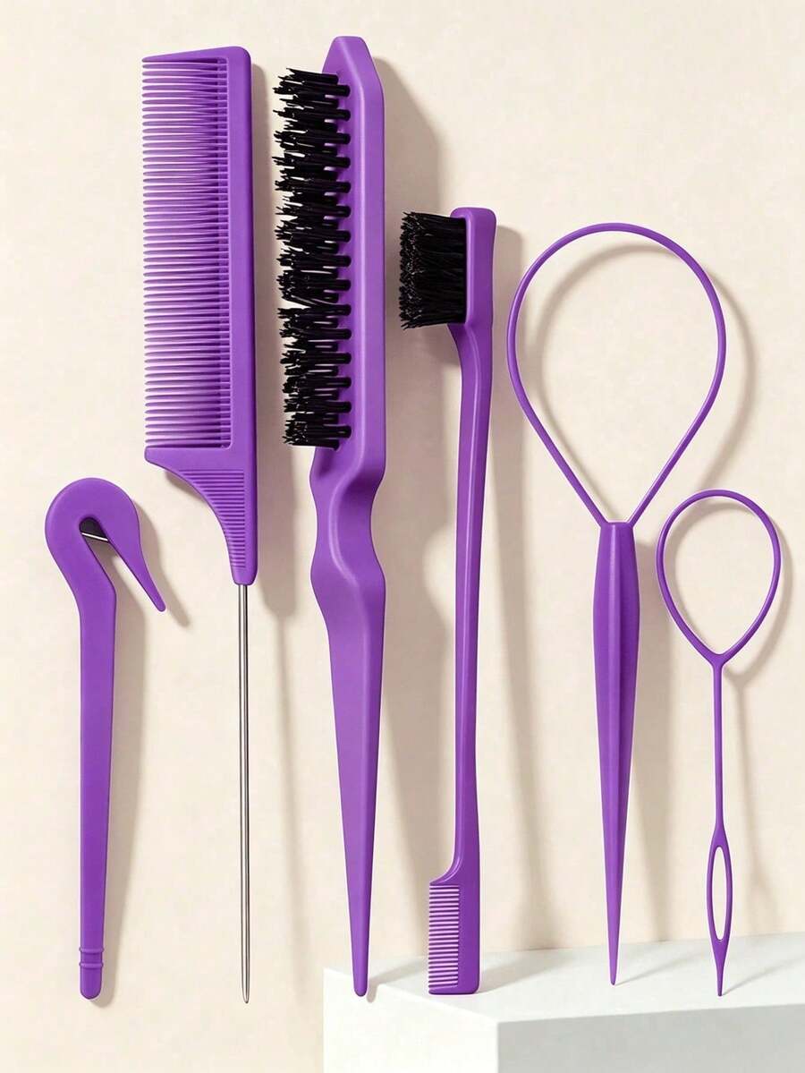 6/3/1pc Purple Hair Styling Tool Set, Includes Rat Tail Comb, Styling Comb And 2pcs French Braid Tools, Suitable For Braiding And DIY Styling, Essential For Salon, Makeup Travel And Back To School Season - Multicolor - View 1