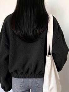 女款秋冬優雅黑色拉鍊抓絨短夾克，時尚純色泰迪夾克，休閒戶外健身穿搭，寬鬆版型派對穿著 - 黑色 - 查看 8