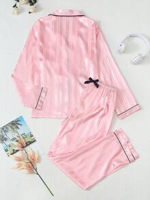 2pcs Satin Striped Pajama Set, Sweet & Cute Lapel Button Long Sleeve Top And Pants, Women's Sleepwear And Loungewear For Home Use - Pink - View 2