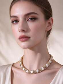1pc Collar Necklace 1 Pair Earrings Vintage French Court Style Heavy Embossed Texture Retro Rhinestone Inlaid Jewelry Set Elegant Party Essential Gift For Friends - Ancient Bronze - View 10