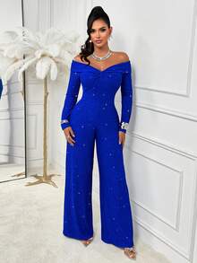 AIJ Women's Royal Blue Knitted One-Shoulder Long Sleeve Jumpsuit, Twisted Ruched Detail, Elastic Slim Fit Long Length Elegant Dress, Suitable For Party, Banquet, Formal Holiday Occasions, Christmas - Royal Blue - View 9