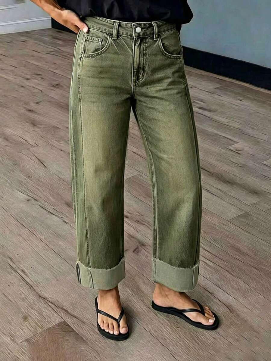 New Women's Fashion Washed Denim Jeans Casual Fall - Army Green - View 1